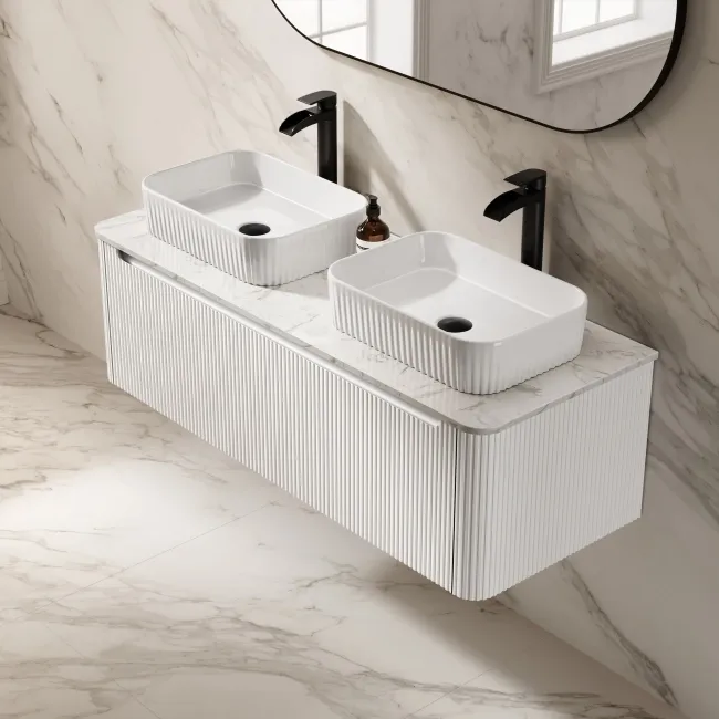 Sorrento Fluted Coastal White Double Wall Hung Drawer Vanity with Marble Top & Reno Basin 1200mm