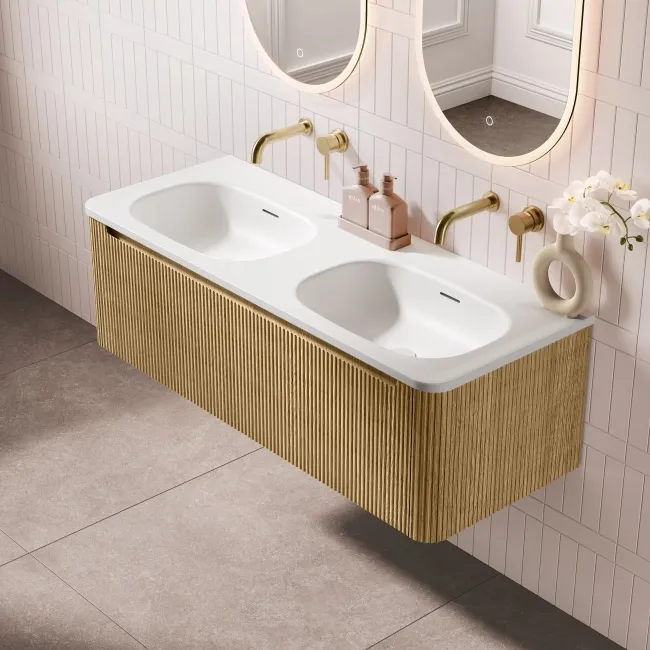 Sorrento Fluted Country Oak Wall Hung Drawer Vanity with Matt White Double Basin 1200mm