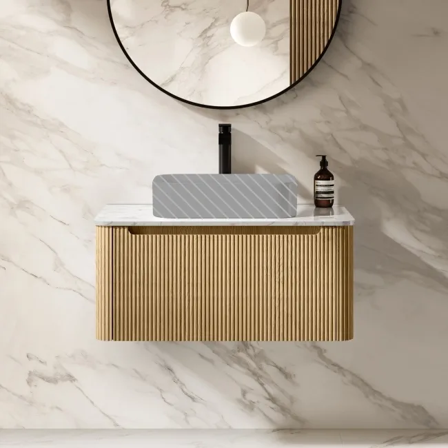 Sorrento Fluted Country Oak Wall Hung Drawer Vanity with Marble Top 800mm - Excludes Counter Top Basin