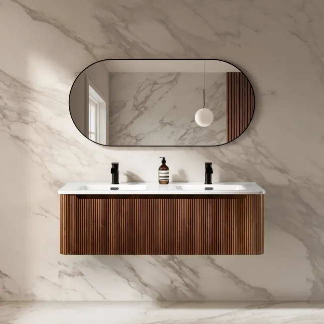 Sorrento Fluted Black Walnut Wall Hung Double Basin Drawer Vanity 1200mm