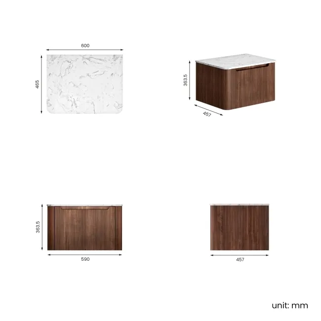 Sorrento Fluted Black Walnut Wall Hung Drawer Vanity with Marble Top 600mm - Excludes Counter Top Basin