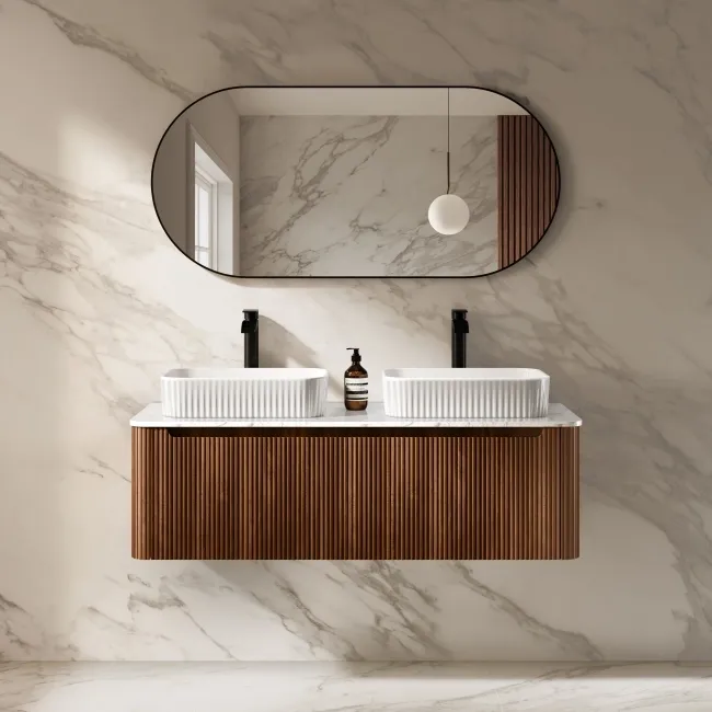 Sorrento Fluted Black Walnut Double Wall Hung Drawer Vanity with Marble Top & Reno Basin 1200mm