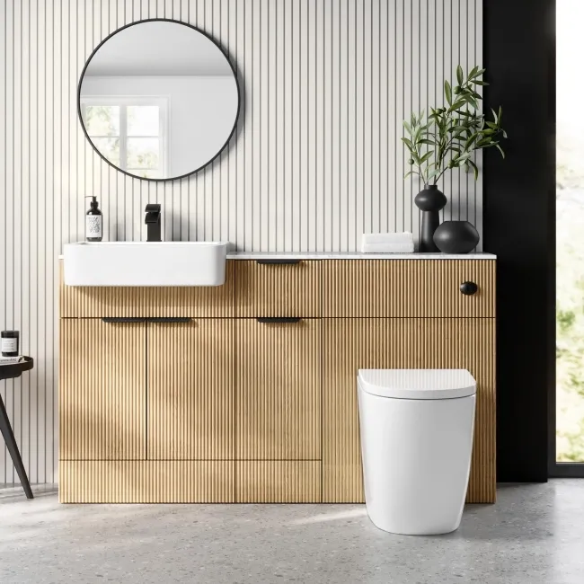 Sicily Fluted Country Oak Combination Vanity Basin with Marble Top & Utah Comfort Height Toilet 1500mm - Black Accents