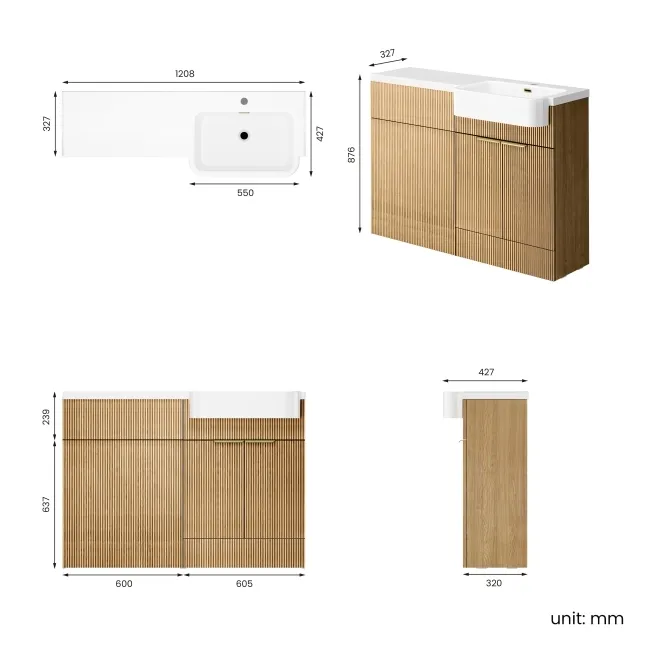 Sicily Fluted Country Oak Basin Vanity and Back To Wall Toilet Unit 1200mm (Excludes Toilet) - Brushed Brass Accents - Right Handed