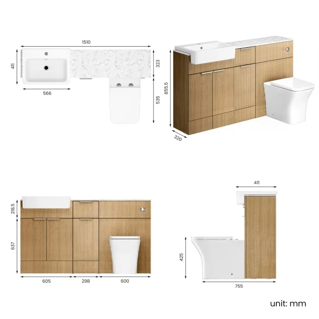 Sicily Fluted Country Oak Combination Vanity Basin with Marble Top & Houston Toilet 1500mm - Chrome Handles