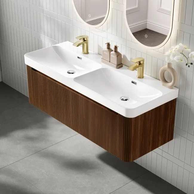 Sorrento Fluted Black Walnut Wall Hung Double Basin Drawer Vanity 1200mm