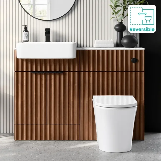 Sicily Fluted Black Walnut Combination Vanity Basin with Marble Top & Tucson Toilet 1200mm - Black Accents