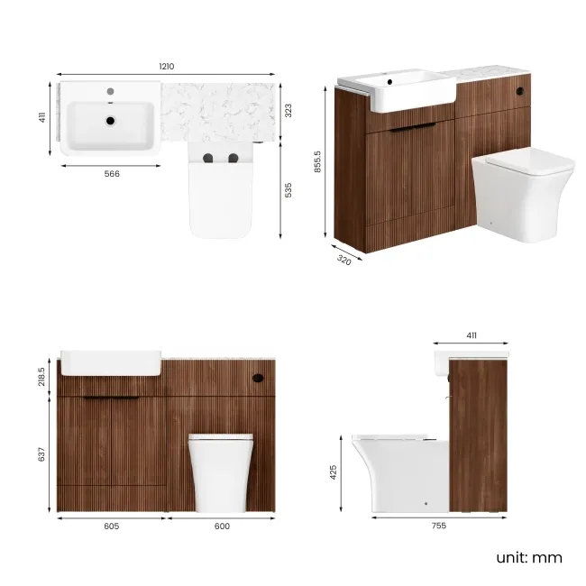 Sicily Fluted Black Walnut Combination Vanity Basin with Marble Top & Houston Toilet 1200mm - Black Accents