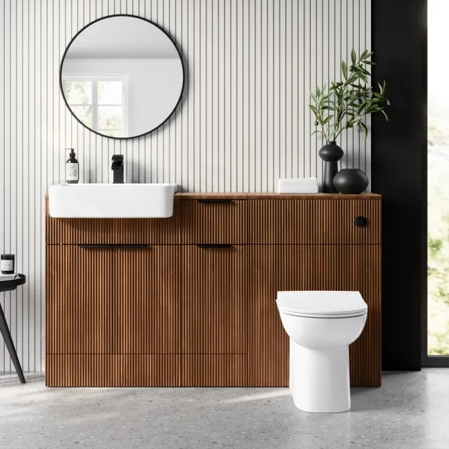 Sicily Fluted Black Walnut Combination Vanity Basin and Aruba Toilet 1500mm - Black Accents
