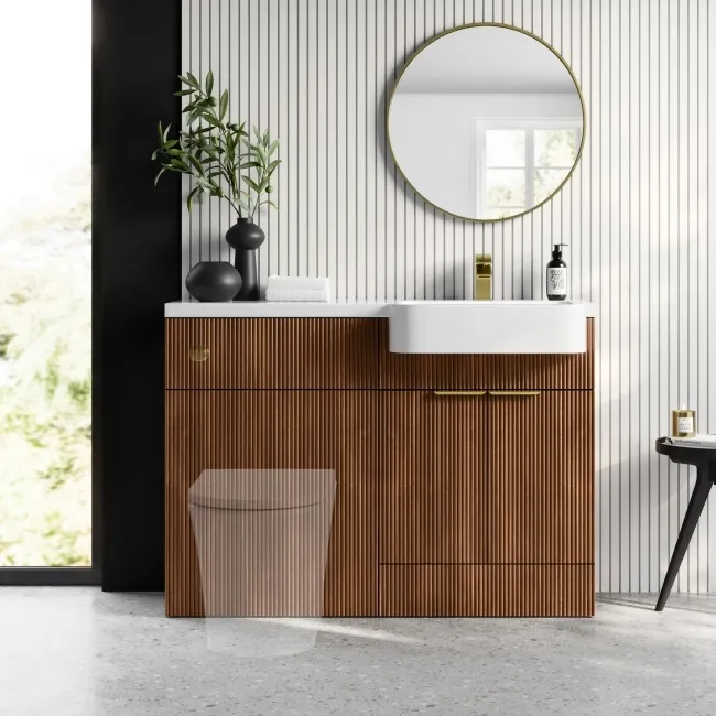 Sicily Fluted Black Walnut Basin Vanity and Back To Wall Toilet Unit 1200mm (Excludes Toilet) - Brushed Brass Accents - Right Handed