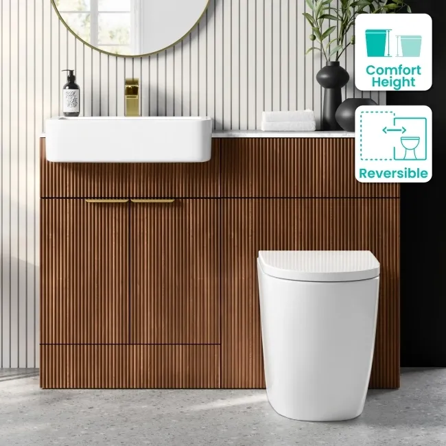 Sicily Fluted Black Walnut Combination Vanity Basin with Marble Top & Utah Comfort Height Toilet 1200mm - Brushed Brass Accents