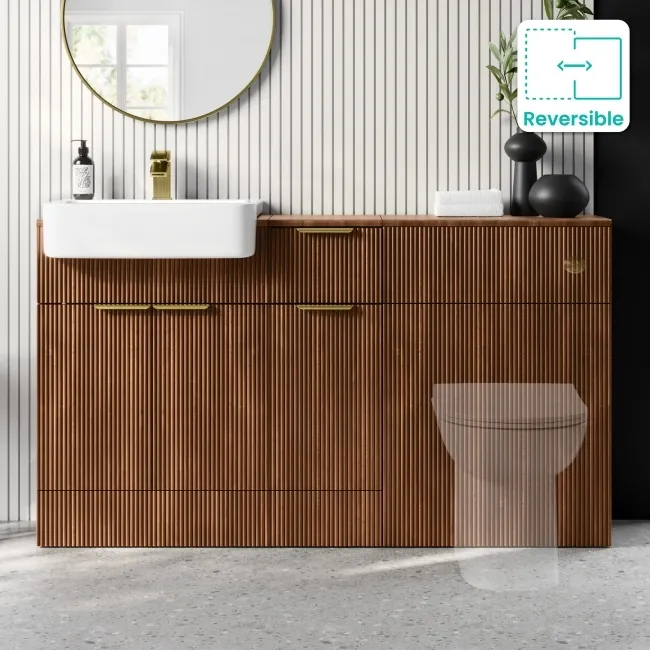 Sicily Fluted Black Walnut Combination Vanity Basin 1500mm (Excludes Toilet) - Brushed Brass Accents
