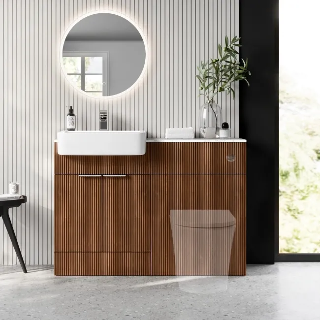 Sicily Fluted Black Walnut Basin Vanity with Marble Top & Back To Wall Unit 1200mm (Excludes Toilet) - Chrome Handles