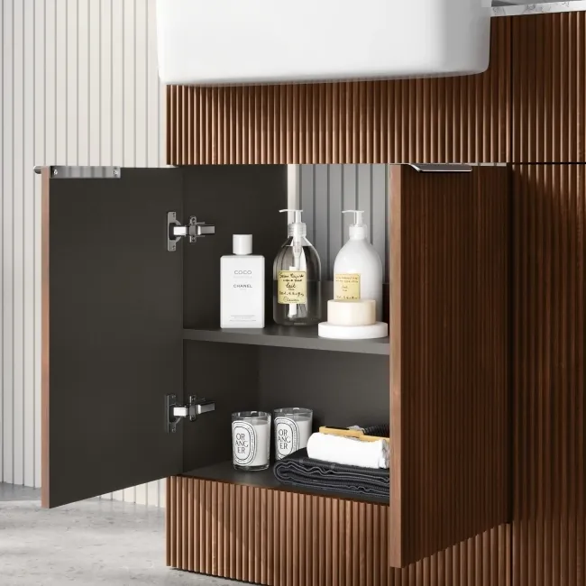 Sicily Fluted Black Walnut Basin Vanity with Marble Top & Back To Wall Unit 1200mm (Excludes Toilet) - Chrome Handles