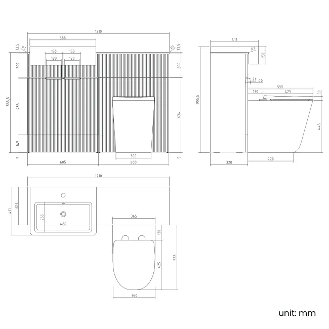 Sicily Fluted Black Walnut Combination Vanity Basin with Marble Top & Utah Comfort Height Toilet 1200mm - Chrome Handles