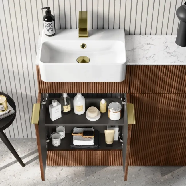 Sicily Fluted Black Walnut Combination Vanity Basin with Marble Top & Utah Comfort Height Toilet 1000mm - Brushed Brass Accents