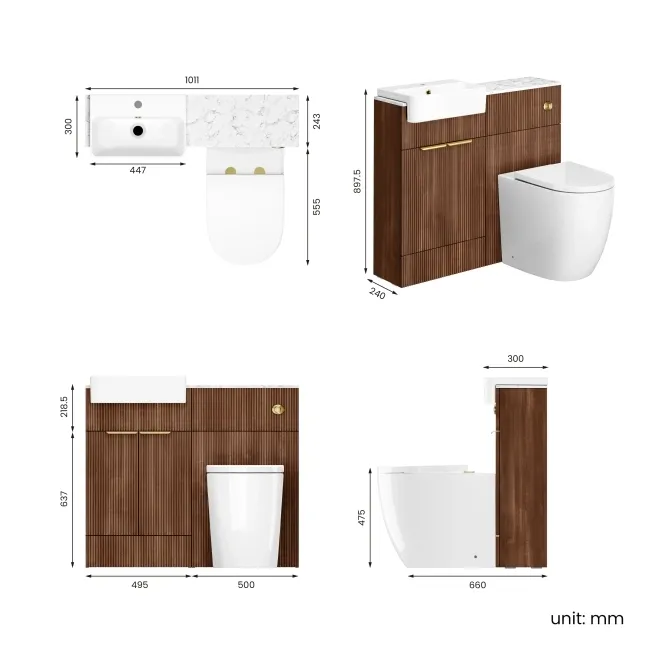 Sicily Fluted Black Walnut Combination Vanity Basin with Marble Top & Utah Comfort Height Toilet 1000mm - Brushed Brass Accents