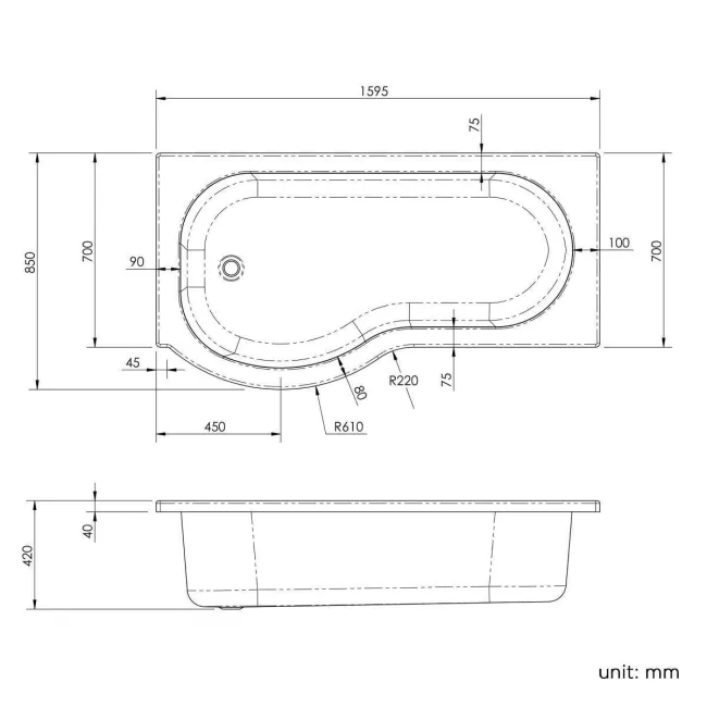 P Shaped 1600 Shower Bath with Front Panel & 4mm Screen - Left Handed