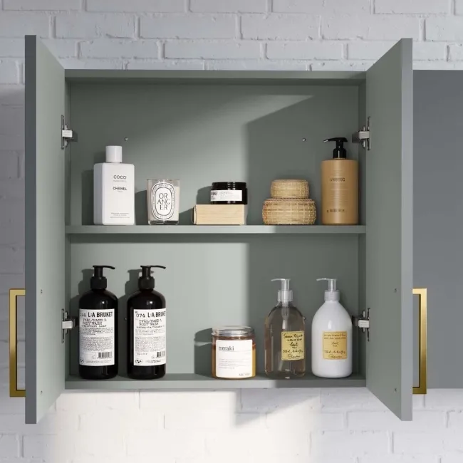 Harper Stone Grey Wall Hung Cabinet 600x600mm - Brushed Brass Accents