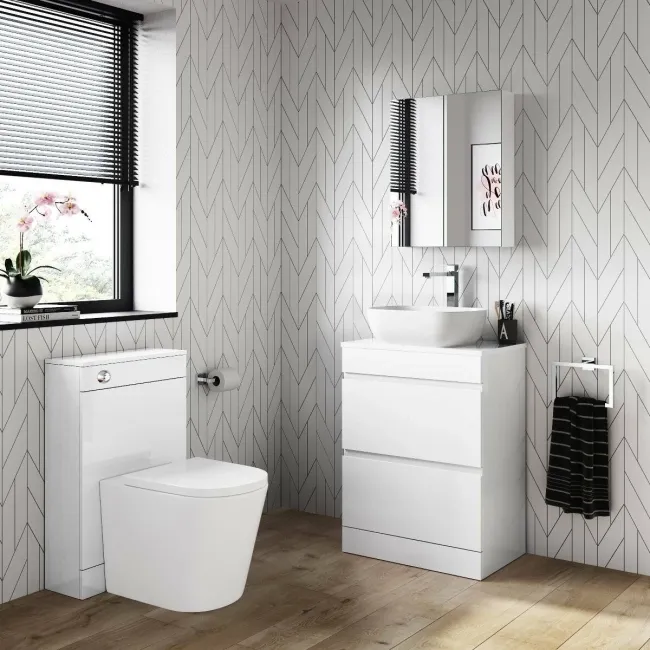 Trent Gloss White Vanity Drawer with Curved Counter Top Basin 600mm