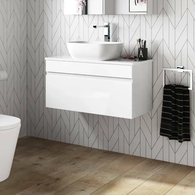 Trent Gloss White Wall Hung Drawer Vanity with Curved Counter Top Basin 800mm