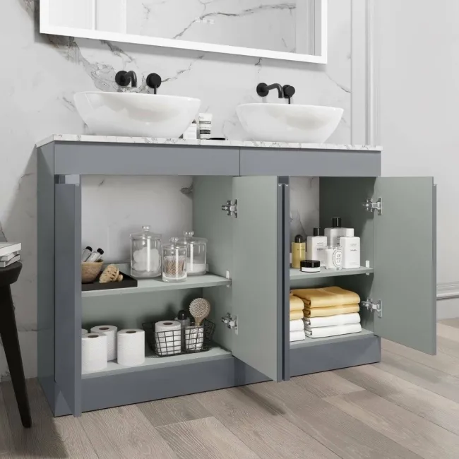 Trent Stone Grey Double Vanity with Marble Top & Oval Counter Top Basin 1200mm