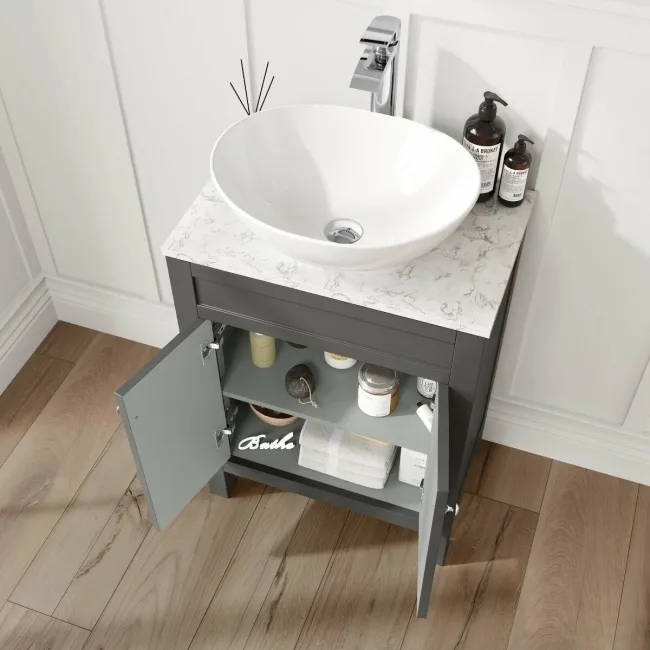 Bermuda Graphite Grey Vanity with Marble Top & Oval Counter Top Basin 600mm