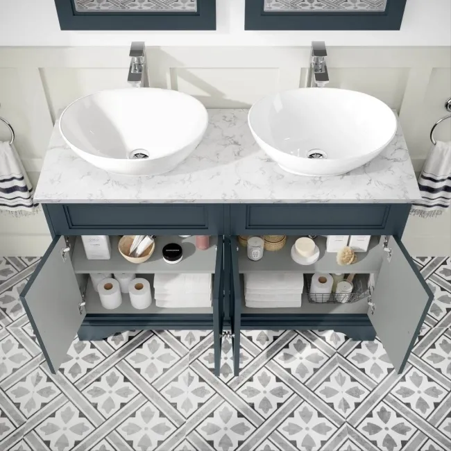 Lucia Inky Blue Double Vanity with Marble Top & Oval Counter Top Basin 1200mm