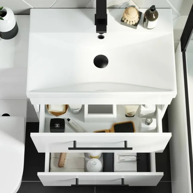 Avon Gloss White Combination Basin Drawer and Aruba Toilet 1100mm - Black Accents