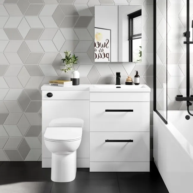 Avon Gloss White Combination Basin Drawer and Aruba Toilet 1100mm - Black Accents - Right Handed