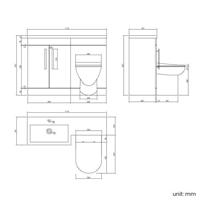 Avon Stone Grey Combination Vanity Basin and Aruba Toilet 1100mm - Black Accents - Left Handed