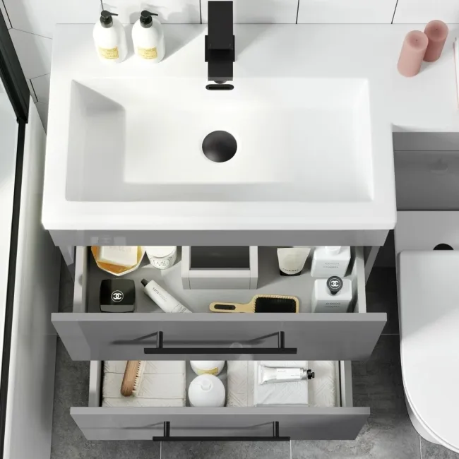 Avon Stone Grey Combination Basin Drawer and Aruba Toilet 1100mm - Black Accents - Left Handed