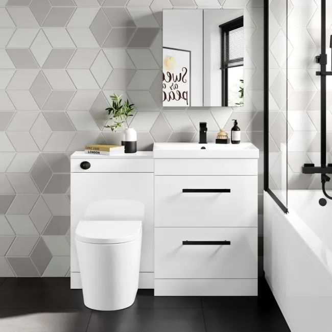 Avon Gloss White Combination Basin Drawer and Boston Toilet 1100mm - Black Accents