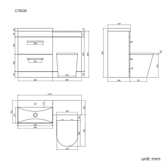 Avon Gloss White Combination Basin Drawer and Boston Toilet 1100mm - Black Accents
