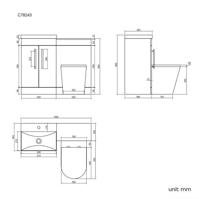 Avon Stone Grey Combination Vanity Basin and Boston Toilet 1000mm - Black Accents