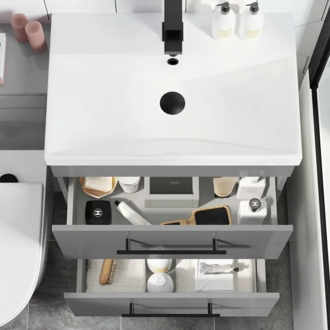 Avon Stone Grey Combination Basin Drawer and Boston Toilet 1100mm - Black Accents