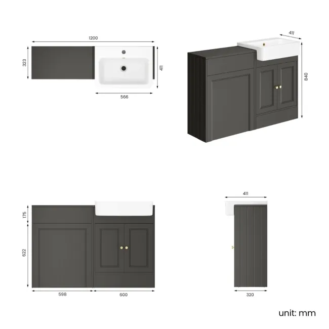 Monaco Graphite Grey Basin Vanity and Back To Wall Unit 1200mm (Excludes Pan & Cistern) - Brushed Brass Accents