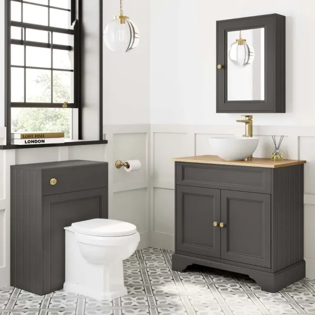 Lucia Graphite Grey Vanity with Oak Effect Top & Round Counter Top Basin 840mm - Brushed Brass Accents
