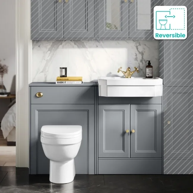 Monaco Dove Grey Combination Vanity Traditional Basin and Seattle Toilet 1200mm - Brushed Brass Accents