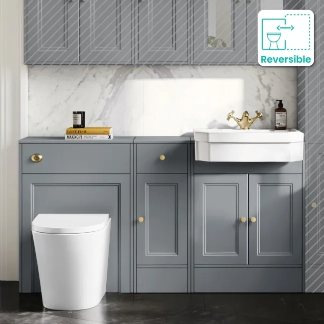 Monaco Dove Grey Combination Vanity Traditional Basin and Boston Toilet 1500mm - Brushed Brass Accents