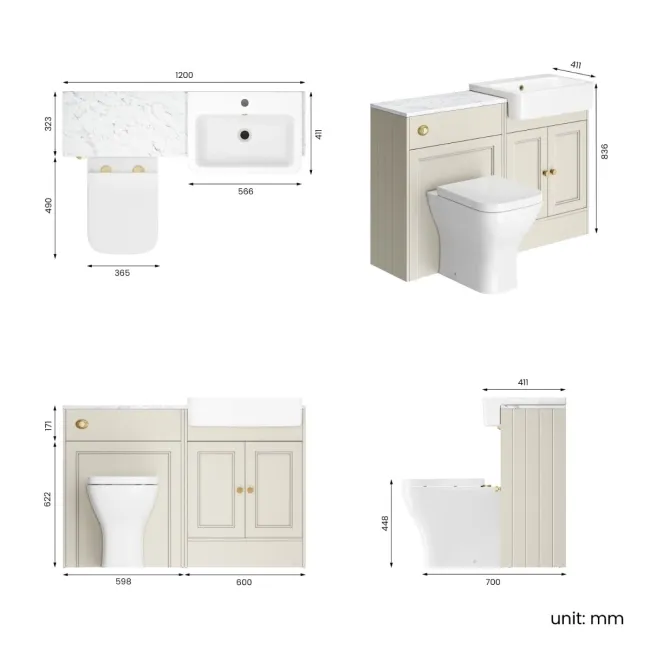Monaco Chalk White Combination Vanity Basin with Marble Top & Atlanta Toilet 1200mm - Brushed Brass Accents