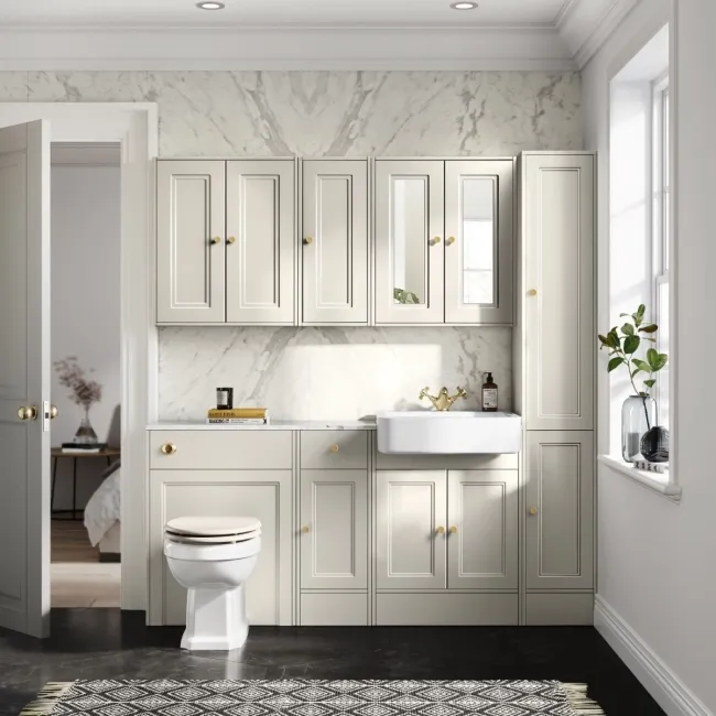 Monaco Chalk White Combination Vanity Basin with Marble Top and Hudson Toilet with Wooden Seat 1500mm - Brushed Brass Accents