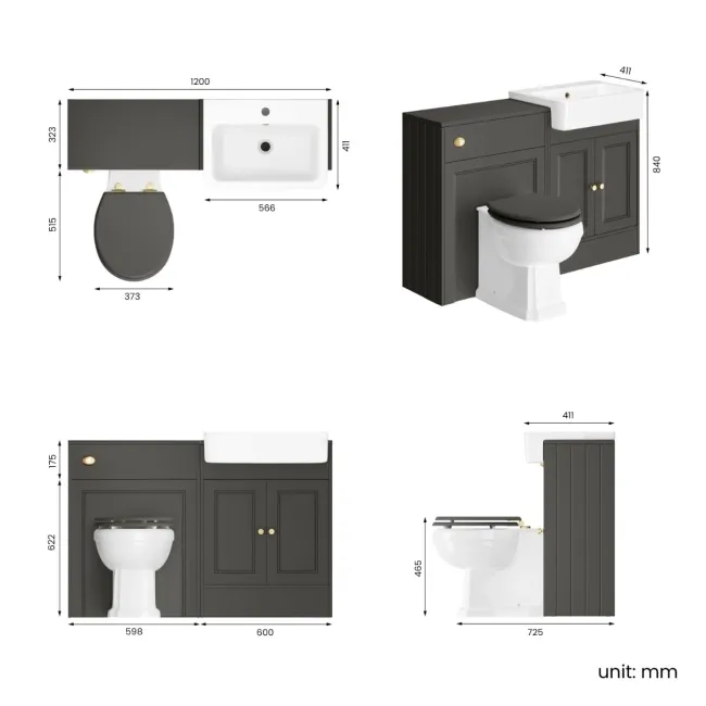 Monaco Graphite Grey Combination Vanity Basin and Hudson Toilet with Wooden Seat 1200mm - Brushed Brass Accents
