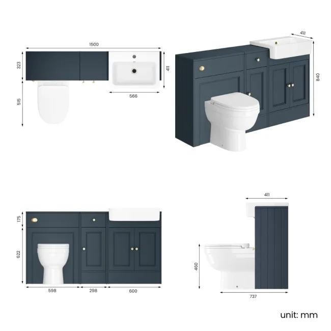 Monaco Inky Blue Combination Vanity Basin and Seattle Toilet 1500mm - Brushed Brass Accents