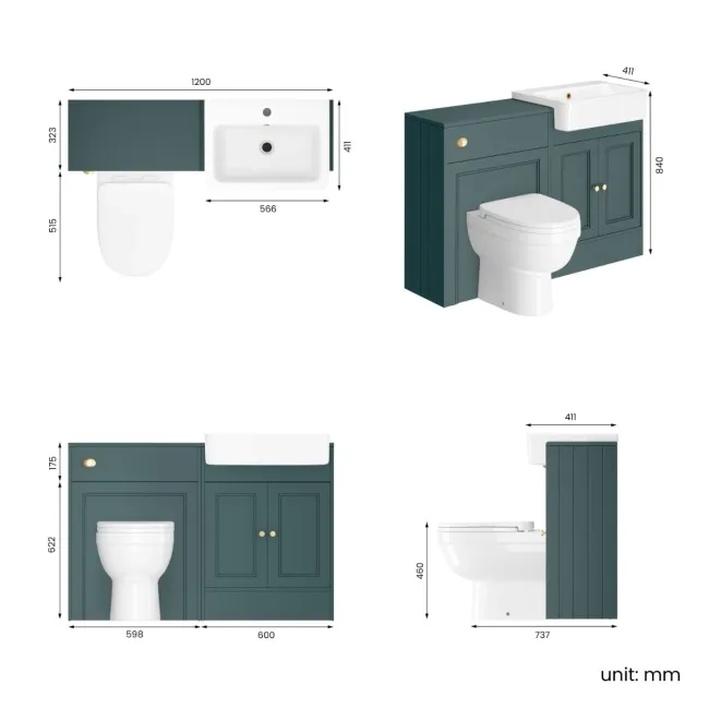 Monaco Midnight Green Combination Vanity Basin and Seattle Toilet 1200mm - Brushed Brass Accents