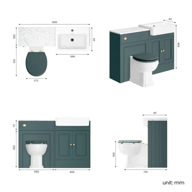 Monaco Midnight Green Combination Vanity Basin with Marble Top & Hudson Toilet with Wooden Seat 1200mm - Brushed Brass Accents