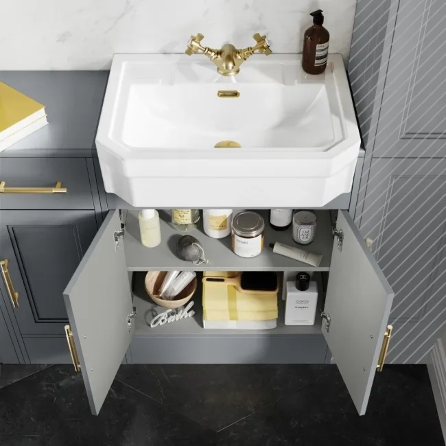 Monaco Dove Grey Combination Vanity Traditional Basin and Boston Toilet 1500mm - Brass Knurled Handles