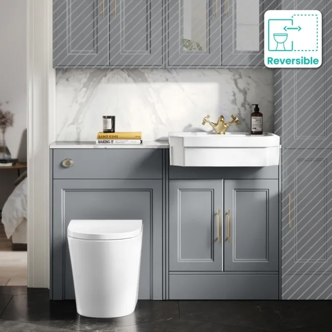 Monaco Dove Grey Combination Vanity Traditional Basin with Marble Top & Boston Toilet 1200mm - Brass Knurled Handles