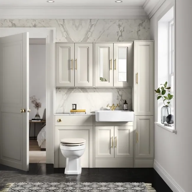 Monaco Chalk White Combination Vanity Basin with Marble Top & Hudson Toilet with Wooden Seat 1200mm - Brass Knurled Handles