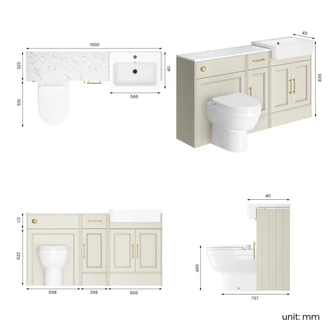 Monaco Chalk White Combination Vanity Basin with Marble Top and Seattle Toilet 1500mm - Brass Knurled Handles